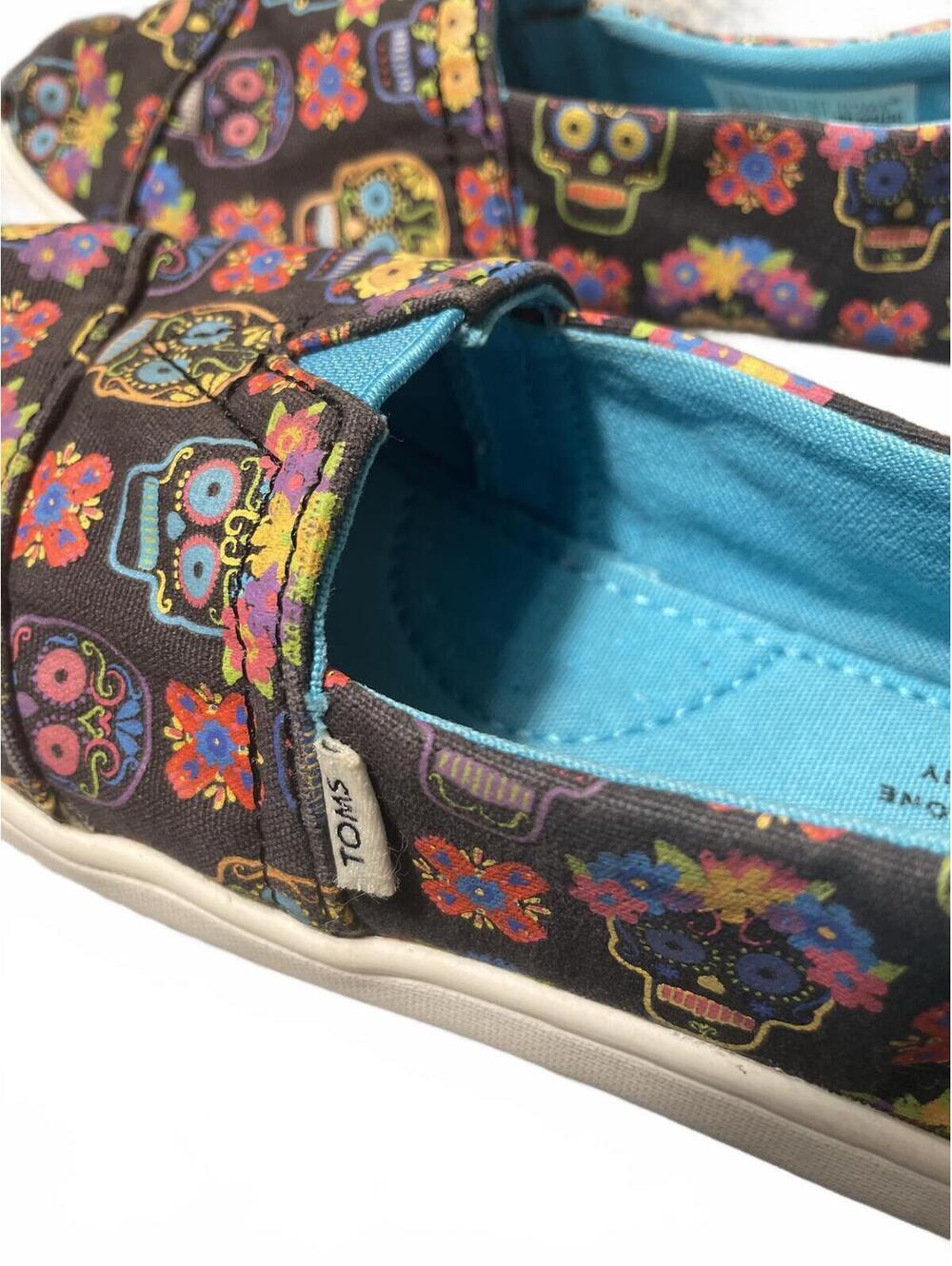TOMS Kids Sugar Skull Print Slip On Shoes Girls Size 12 Black Colorful Casual - Picture 3 of 6